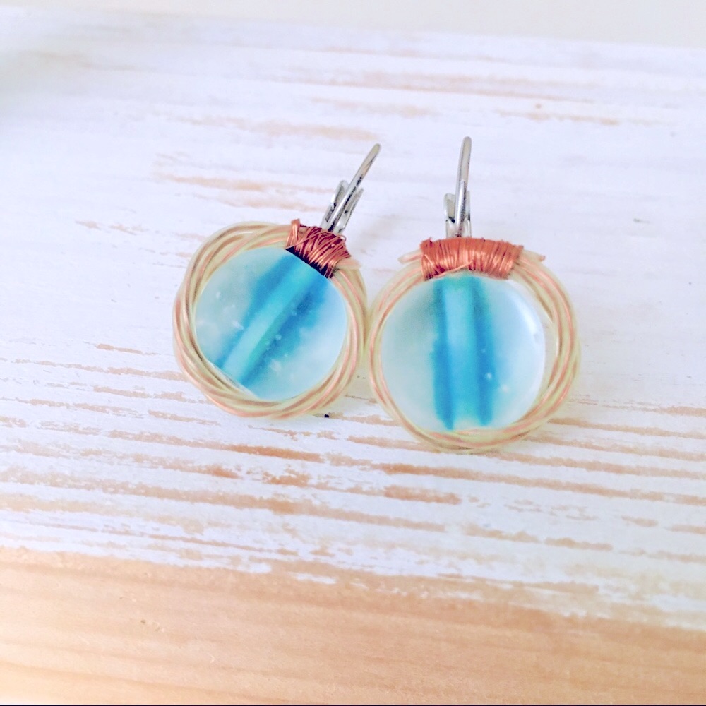 Copper Wreath Wrapped Blue Glass Dot Pendant Drop Earrings